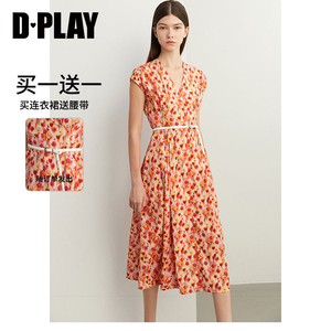 DPLAY夏新新中式度假风晕染橘韵V领捏褶收腰国风印花连衣裙