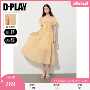 DPLAY2025年夏季 收腰长裙女度假连衣裙 新款 黄色印花方领飞飞袖
