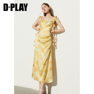 DPLAY海边度假黄色连衣裙日落裙荡领吊带连衣裙长裙缎面吊带裙女