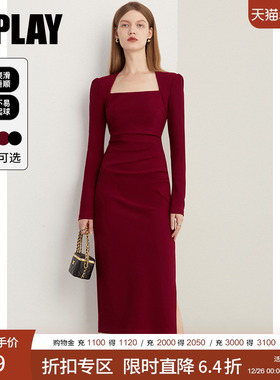 DPLAY2025年秋季红色连衣裙女法式新年结婚订婚礼服裙子长袖红裙