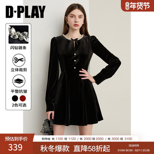 DPLAY【轻奢闪钻系列】2025年冬季新款黑色蝴蝶结镂空连衣裙女