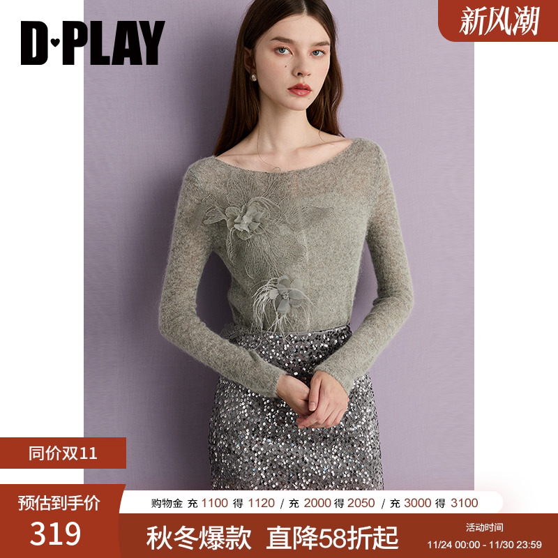 DPLAY2025年秋季新款灰色针织衫女羊驼毛珍珠蕾丝优雅好看上衣