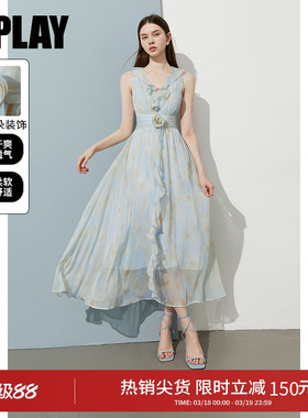 DPLAY夏季新款蓝色连衣裙女好看雪纺海边度假沙滩裙子长裙