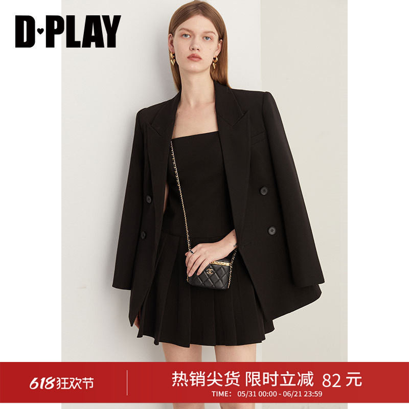 DPLAY秋季新款OL气质黑色西装女双排扣宽松套装外套长袖