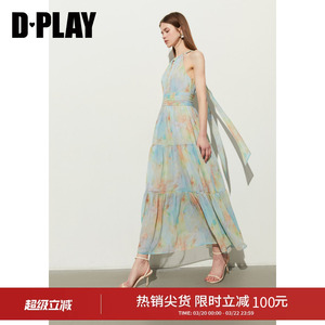 DPLAY夏装多巴胺彩色挂脖连衣裙女裙子海边度假沙滩裙长裙