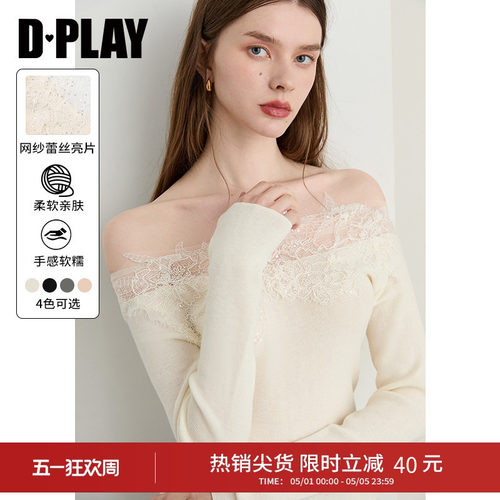 DPLAY白色针织衫女拼接蕾丝修身一字肩羊毛上衣长袖2026春 - 封面
