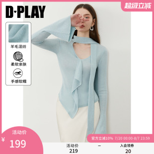 t恤 DPLAY2025年秋季 新款 蓝色上衣女气质好看独特荷叶边针织衫 短袖