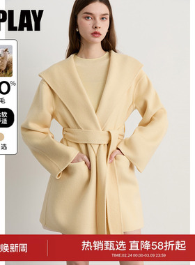 DPLAY2025年冬季新款黄色双面呢子大衣连帽100绵羊毛外套女