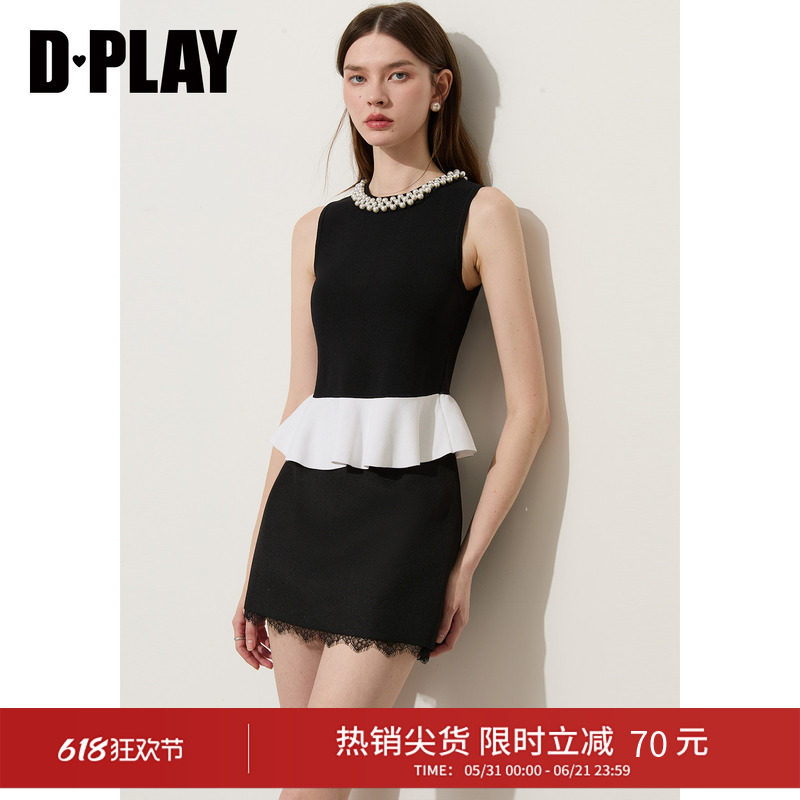 DPLAY黑色收腰修身仿珍珠圆领针织小衫小香风上衣2026夏季新款
