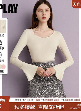 DPLAY2025年秋季新款白色针织衫女露肩羊毛优雅设计感针织打底衫