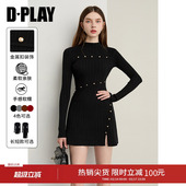 DPLAY黑色连衣裙女裙子春季 下摆开叉气质毛衣裙针织裙短裙 新款
