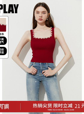 DPLAY夏季新款红色上衣女好看法式修身冰麻针织背心吊带