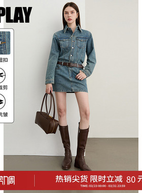 DPLAY2026年春季新款气质休闲蓝色连衣裙收腰修身牛仔裙短裙女