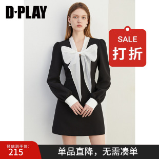 短裙 裙子长袖 DPLAY2025年秋季 黑色连衣裙女休闲气质小个子短款