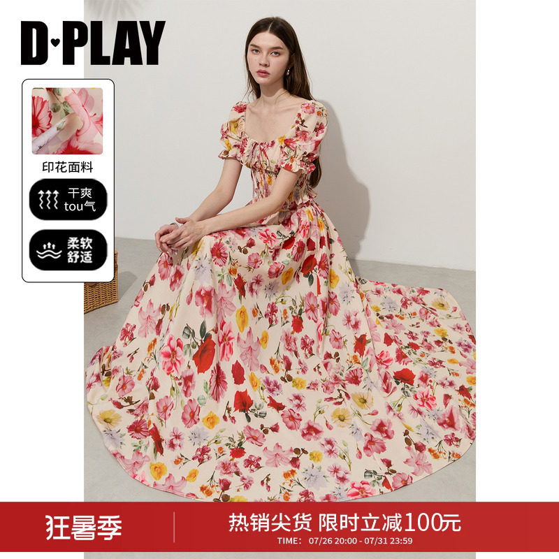 DPLAY2026年夏季新款红色印花小衫女方领泡泡袖时尚洋气短款上衣