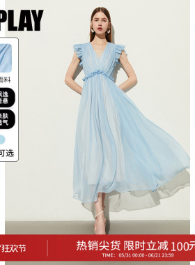 DPLAY夏装气质蓝色连衣裙女法式长裙礼服公主裙沙滩裙女