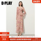 DPLAY粉色印花连衣裙女2026年春季 新款 U领荷叶边时髦气质长裙女