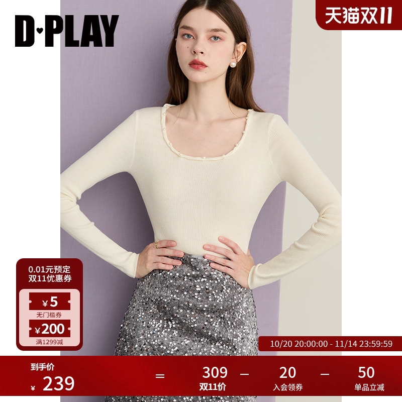 DPLAY2025年秋季新款白色针织衫女圆领钉珠羊毛显瘦气质打底衫
