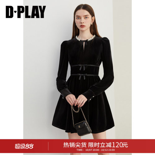 DPLAY秋季黑色珍珠感领丝绒连衣裙气质短款蝴蝶结礼服小黑裙