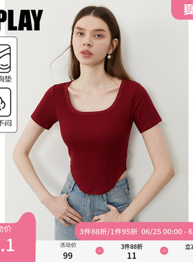 DPLAY【惠品】夏季新款红色t恤内搭辣妹纯欲风弹力修身女上衣