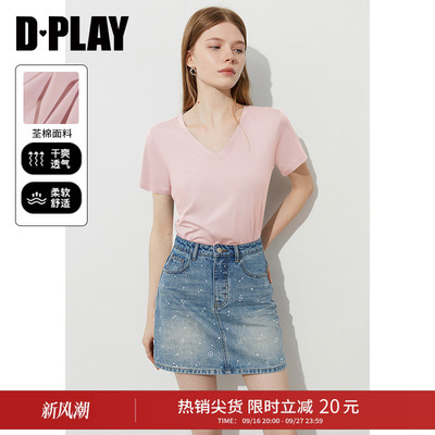 DPLAY夏季新款粉色t恤女100棉时尚休闲宽松内搭短袖上衣