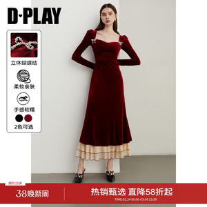 DPLAY冬季新款法式方领丝绒红色连衣裙女订婚礼服长裙长袖
