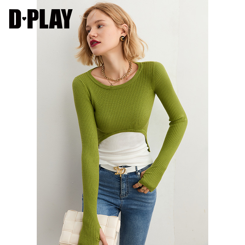 dplay2021秋新绿白圆领针织衫