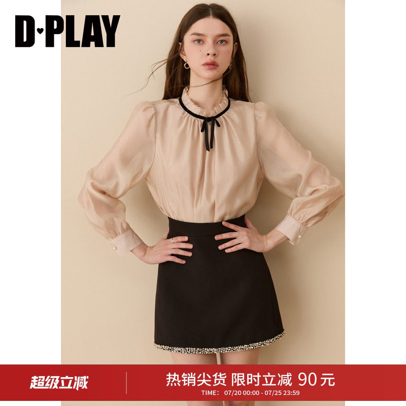DPLAY香槟粉衬衫女撞色合体蝴蝶结烫钻蕾丝雪纺衫上衣2026年春季