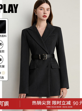 DPLAY秋季新款灰色呢子外套女翻领收腰好看气质通勤西装