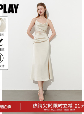 DPLAY夏季新款白色度假吊带连衣裙女礼服裙网纱缎面长裙