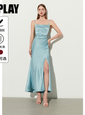 DPLAY夏季气质度假蓝色缎面鱼尾裙吊带连衣裙女长裙礼服女