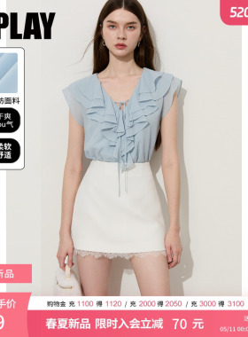 DPLAY蓝色V领荷叶边雪纺小衫绑带宽松法式2026夏季新款女士上衣