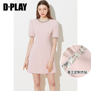 DPLAY【黑标】夏新款优雅重工定制方钻小A裙灰粉色连衣裙