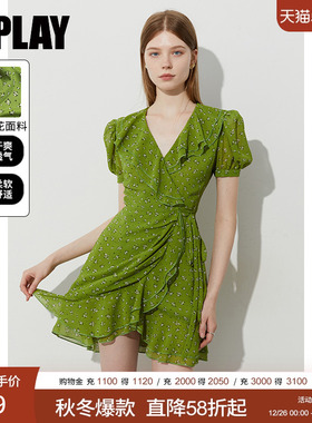 DPLAY【法式茶歇系列】2025年夏季新款绿色连衣裙女短款裙子短裙