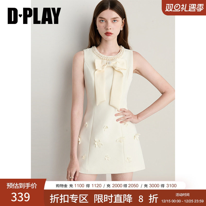 圆领无袖，手缝2种大小珍珠、缎面蝴蝶结