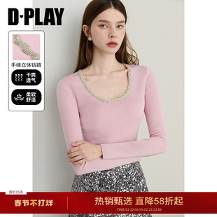 DPLAY【闪钻系列】新款亮钻圆领粉色针织衫女含羊毛上衣毛衣