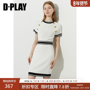 DPLAY2025年夏季新款白色连衣裙女时尚修身针织短款裙子短裙短袖