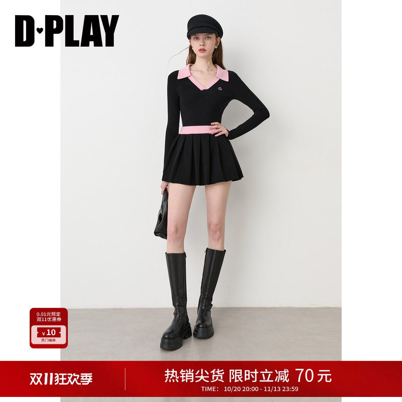 DPLAY黑粉撞色polo领针织套装女修身上衣百褶短裙两件套2026秋季