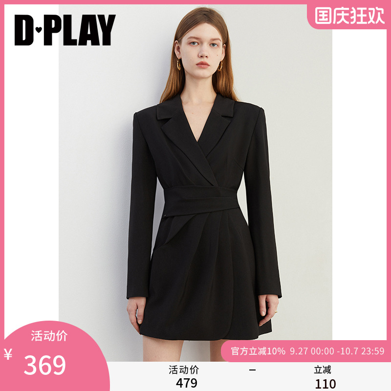 DPLAY通勤A型翻驳领长袖连衣裙