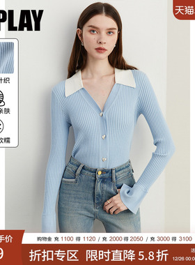 DPLAY2025年秋季新款蓝色毛衣女修身针织开衫翻领打底衫上衣