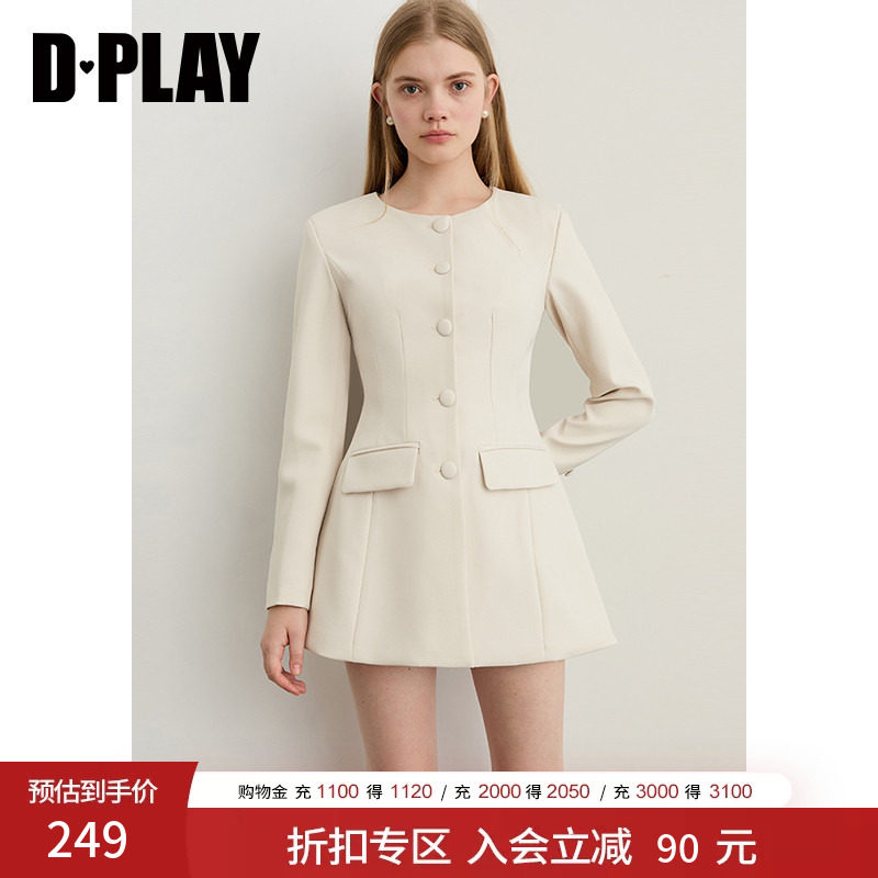 DPLAY秋季新款白色连衣裙女时尚休闲气质圆领西服裙子短裙