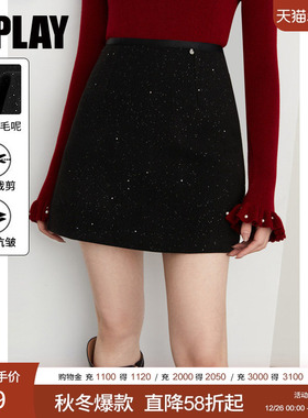 DPLAY2025年秋季新款黑色高腰a字半身裙女短裙短款亮片裙小黑裙