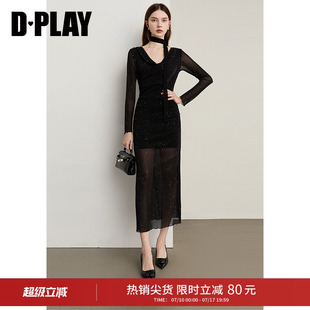 DPLAY秋季新款黑色连衣裙女亮片气质修身气质时尚长袖长裙