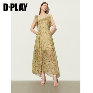 DPLAY夏度假荷叶边肩带系带蝴蝶结碎花中长款连衣裙女沙滩裙