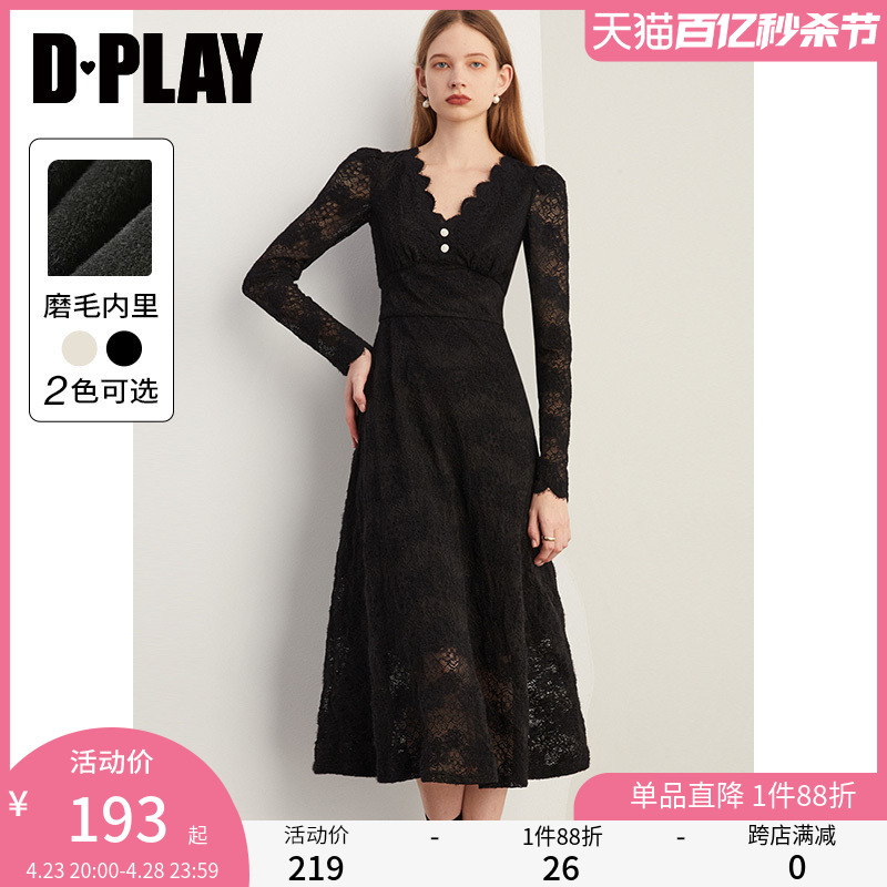 DPLAY春装连衣裙V领黑色蕾丝法式加绒内搭高级感公主裙女