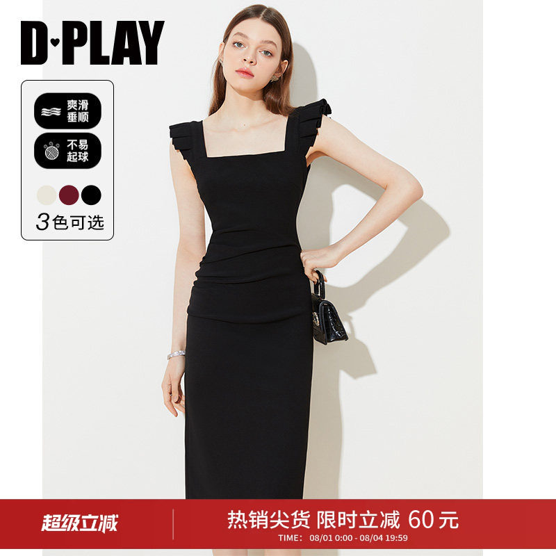 DPLAY夏季新款黑色连衣裙女修身吊带裙长裙赫本小黑裙包臀裙