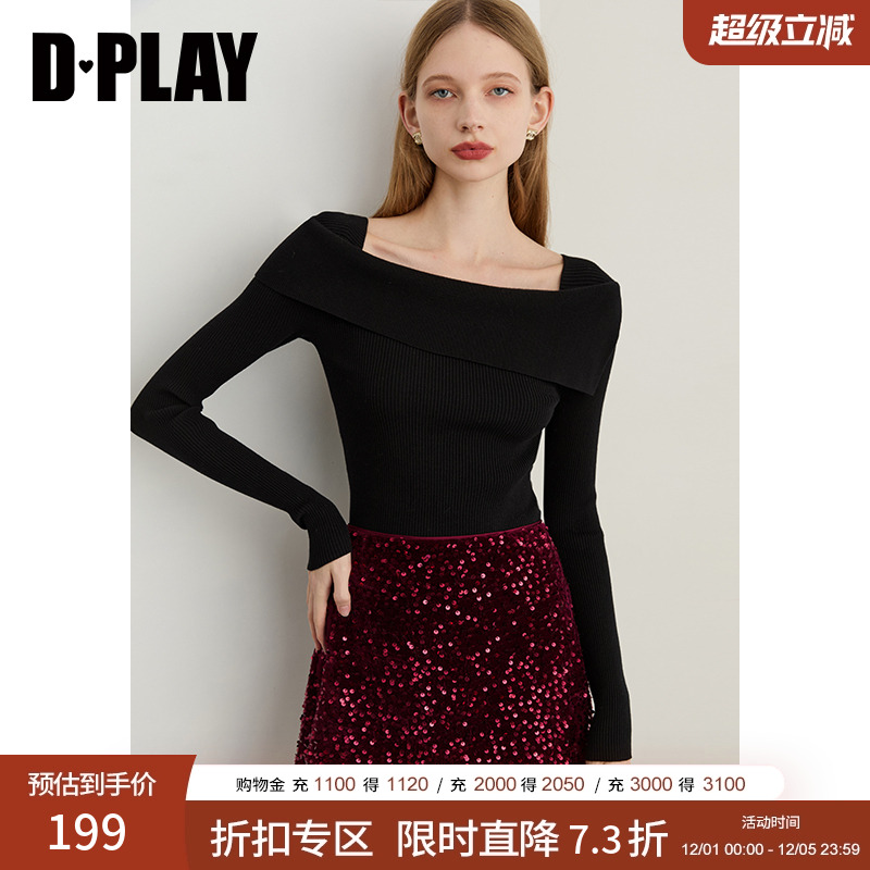DPLAY2025年秋季新款黑色针织衫女流行洋气含羊毛修身打底衫上衣