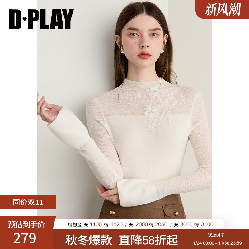 DPLAY2025年秋季新款白色含羊毛针织衫半高领修身内搭打底衫女 - 封面