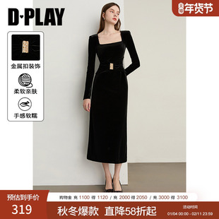DPLAY【蜜恋衣橱系列】2025年秋季新款黑色连衣裙修身开叉长裙