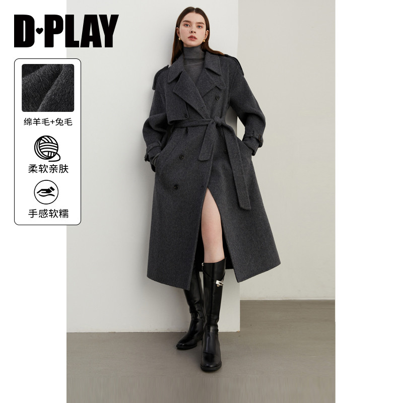 DPLAY冬季新款百搭灰色羊毛兔毛混纺大衣长款毛呢外套女